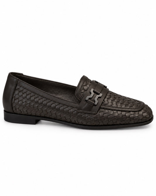 Romy Woven Loafer by VIVACE, complete side profile showing the woven upper and low heel.
