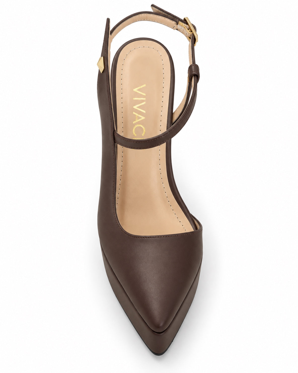 Top view of the VIVACE Celestine platform pump in brown, showing its pointed toe, asymmetric upper, ankle strap and VIVACE insole logo.