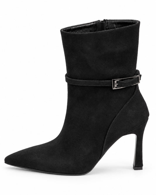 Vivienne Suede Buckle Ankle Boot in black by VIVACE, side profile showing the pointed toe, ankle buckle and 9 cm heel.
