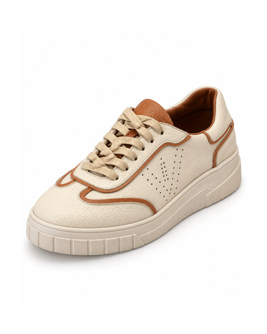 Three-quarter front view of VIVACE Luna Lace-Up Sneakers in ivory and tan, showing textured vegan leather, perforated detailing and a chunky sole.