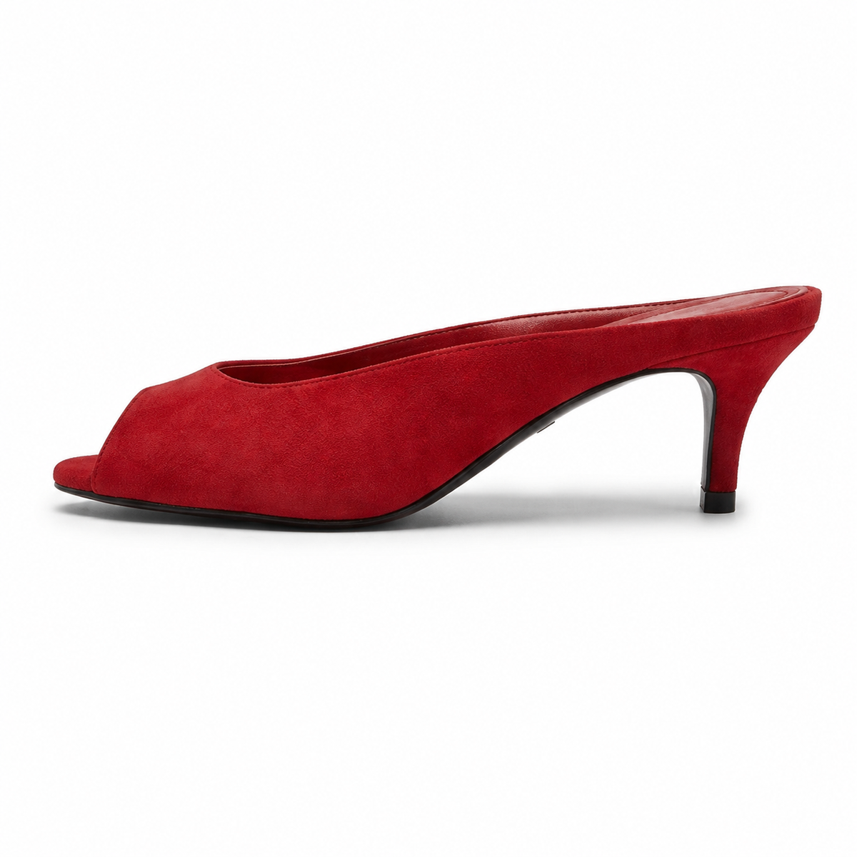 Maëlle Suede Peep-Toe Mule in Red, three-quarter front view