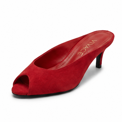 Maëlle Suede Peep-Toe Mule in Red, side profile view