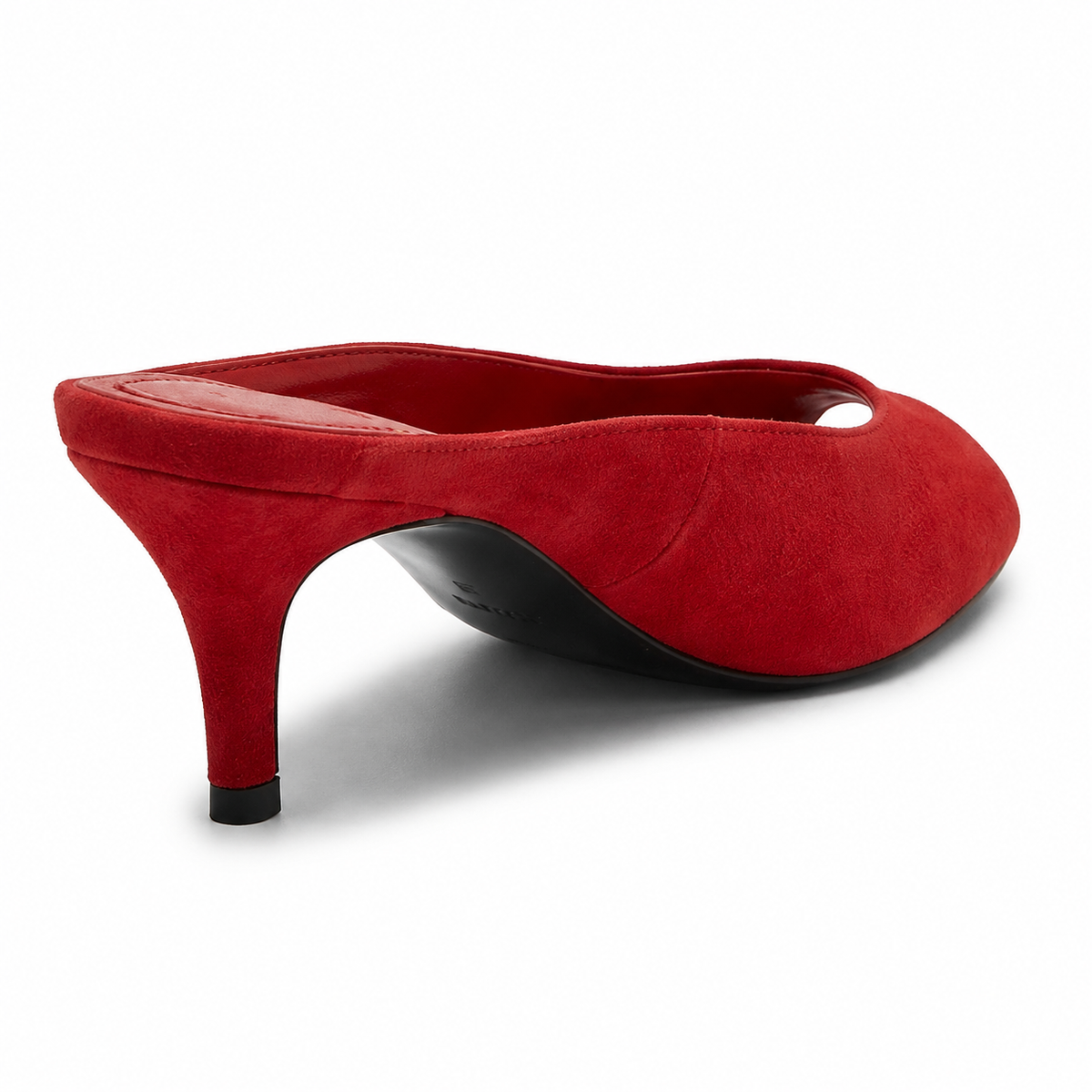 Maëlle Suede Peep-Toe Mule in Red, three-quarter back view