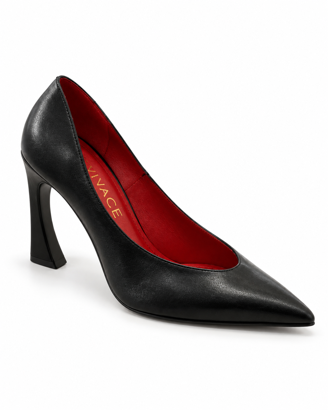 VIVACE Vittoria black leather pointed-toe pump with red lining, three-quarter front view.