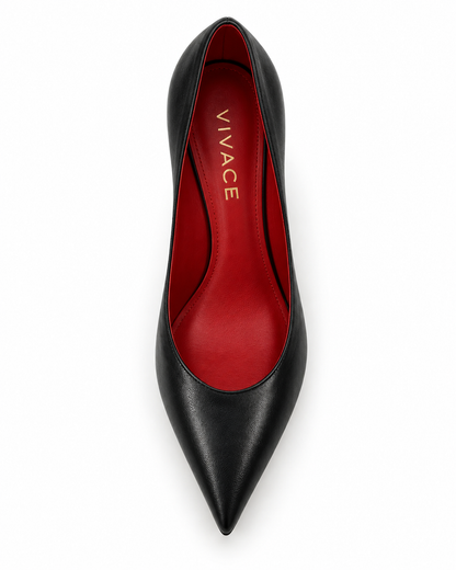 Top view of VIVACE Vittoria pump showing the pointed toe, red leather interior and gold insole logo.