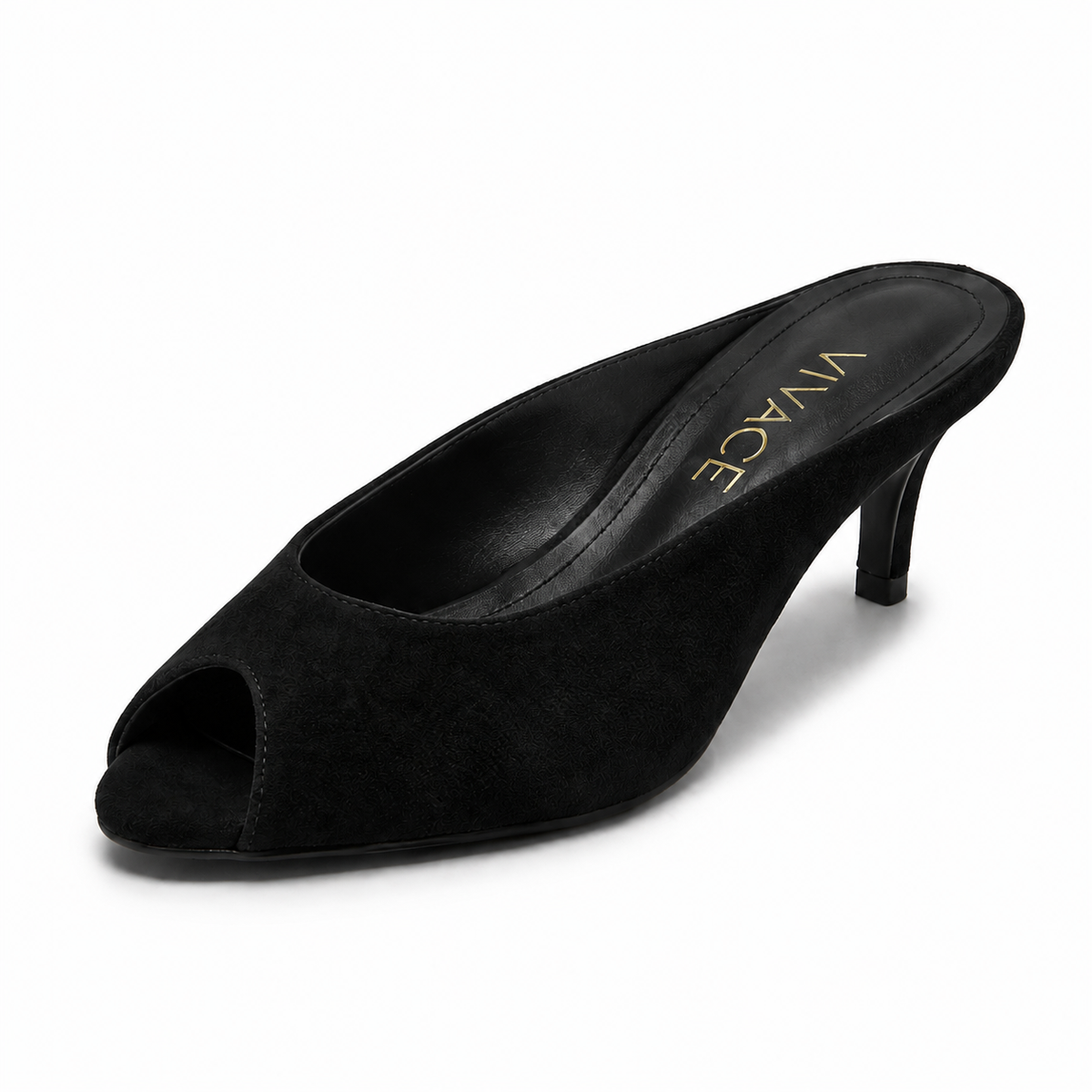 Maëlle Suede Peep-Toe Mule in Black, three-quarter front view