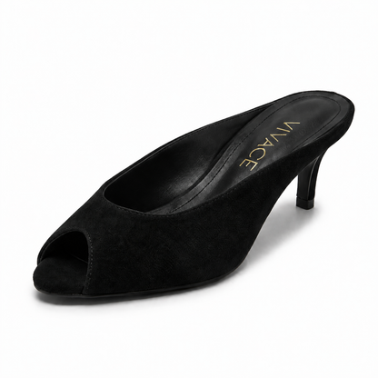 Maëlle Suede Peep-Toe Mule in Black, three-quarter front view