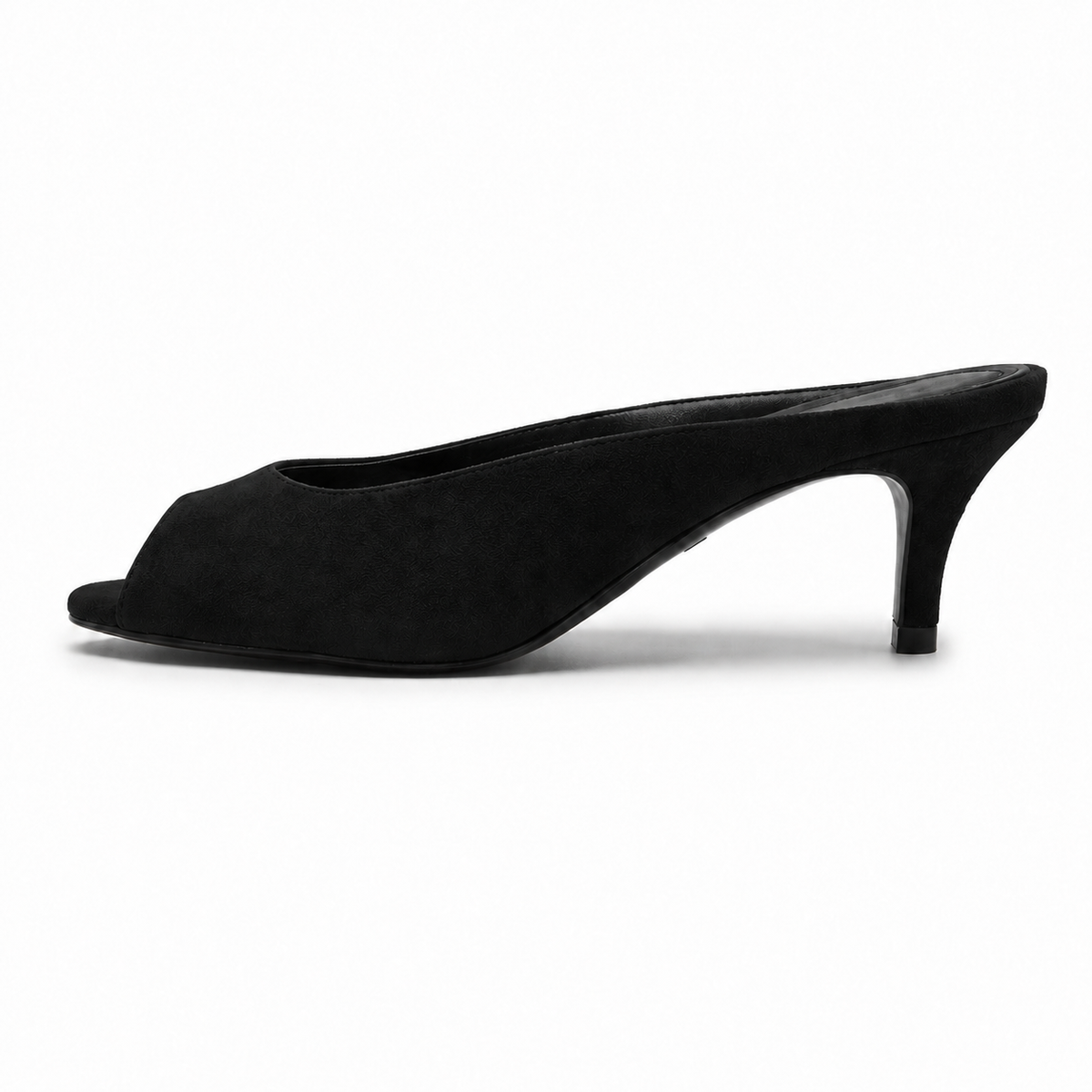 Maëlle Suede Peep-Toe Mule in Black, side profile view