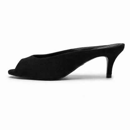Maëlle Suede Peep-Toe Mule in Black, side profile view