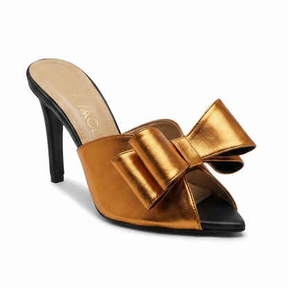 Isabeau Metallic Bow Mule in Orange, three-quarter front view