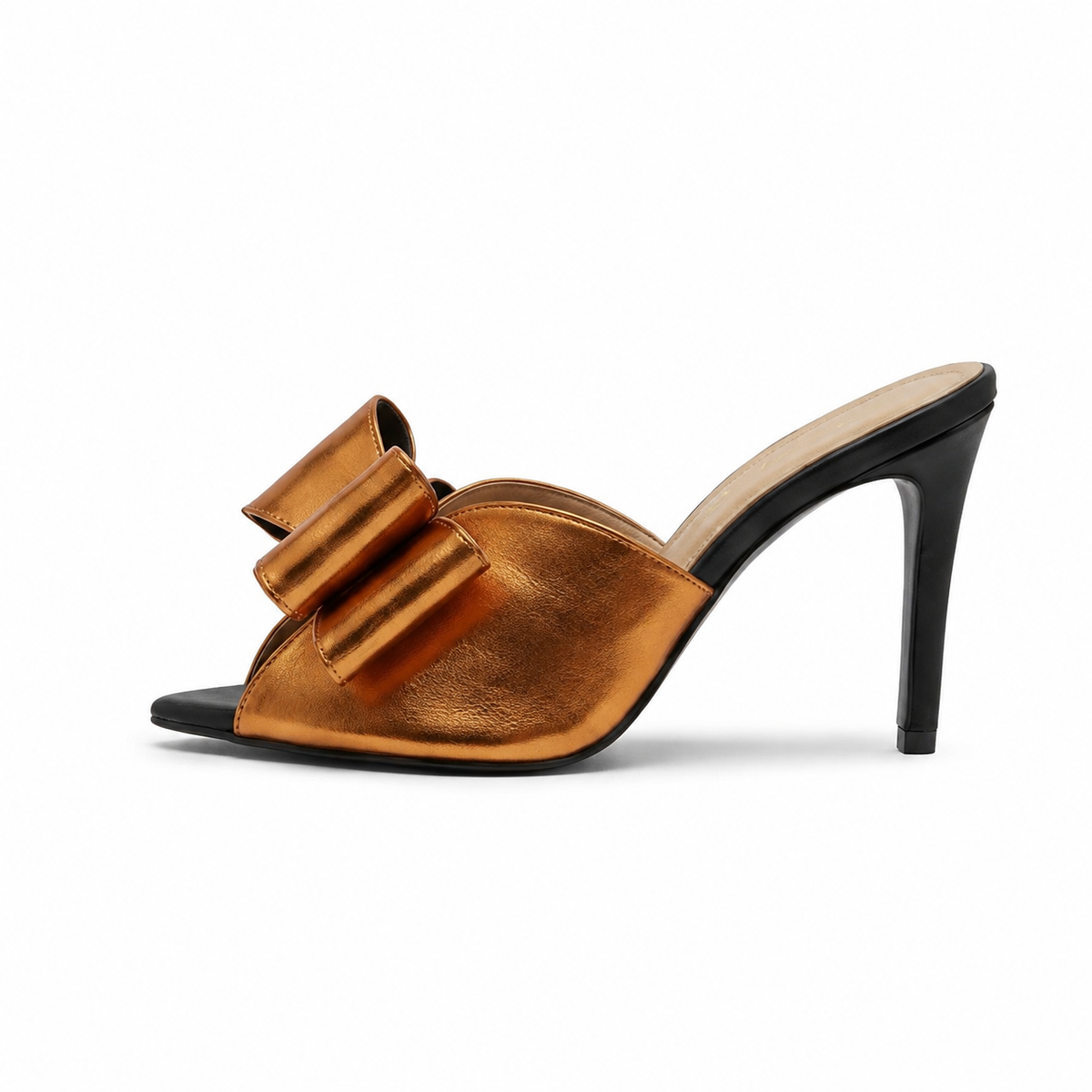 Isabeau Metallic Bow Mule in Orange, side profile view