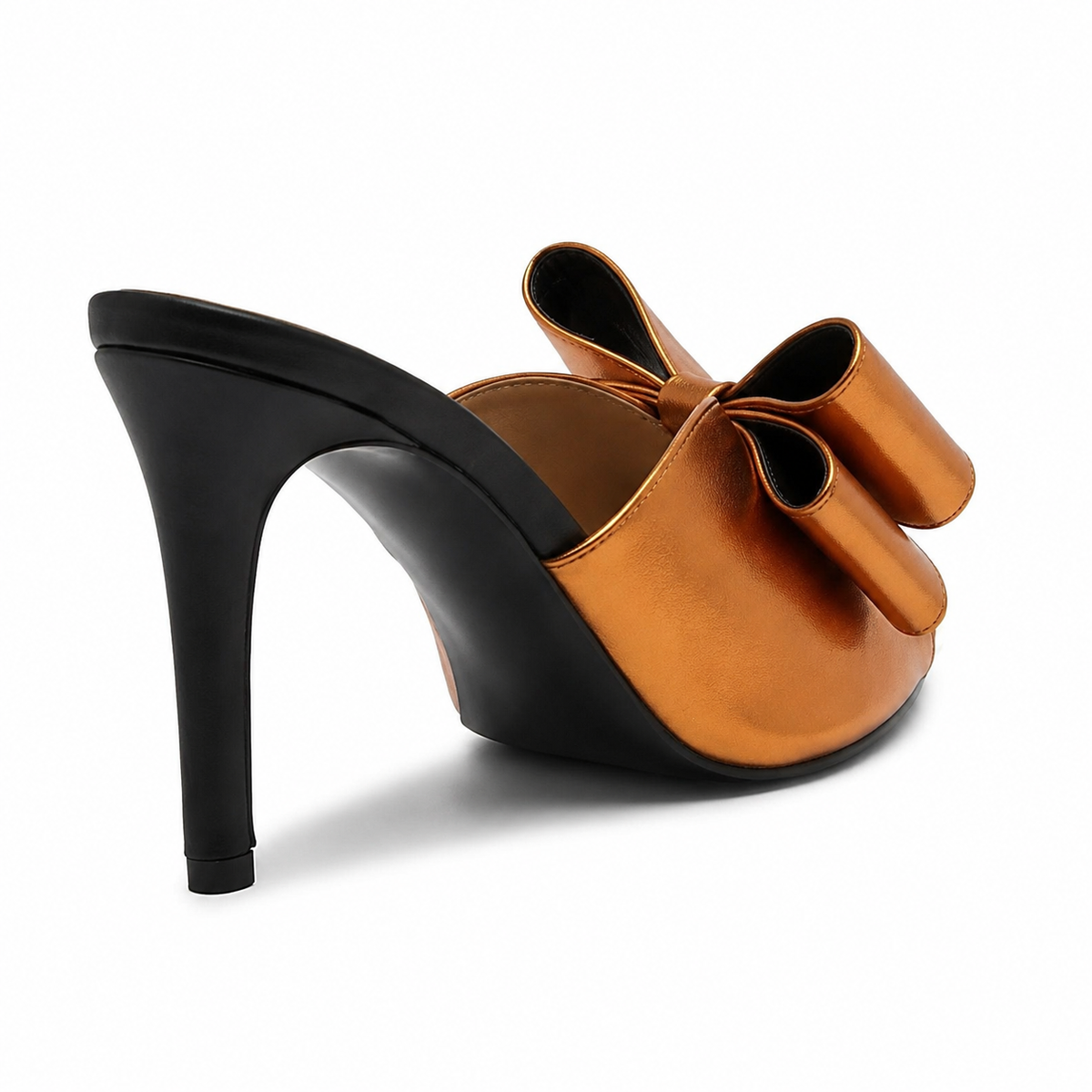 Isabeau Metallic Bow Mule in Orange, three-quarter back view