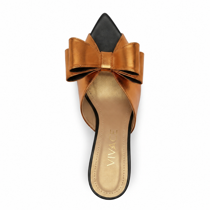 Isabeau Metallic Bow Mule in Orange, top view