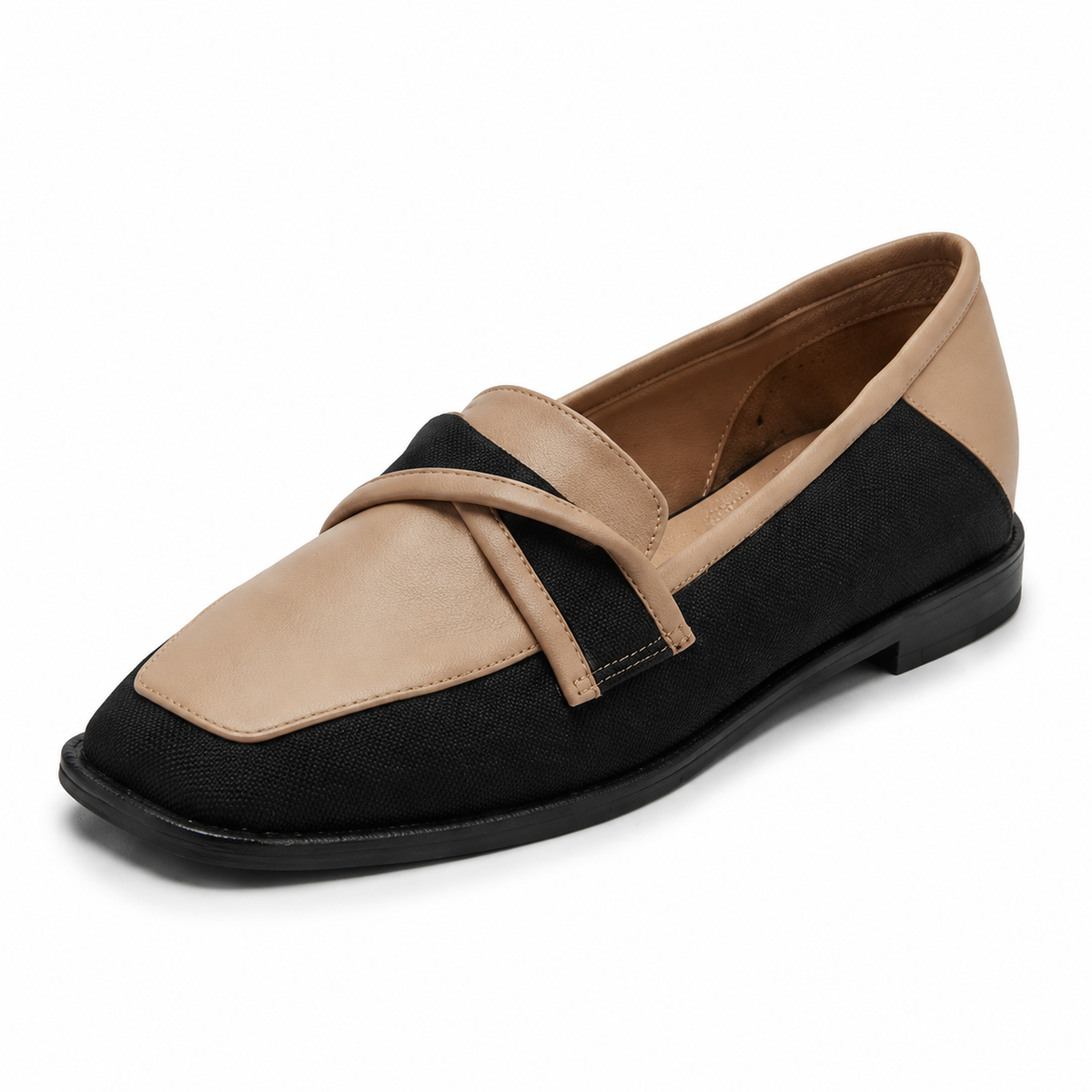 Lucienne Two-Tone Loafer in Black/Beige, three-quarter front view