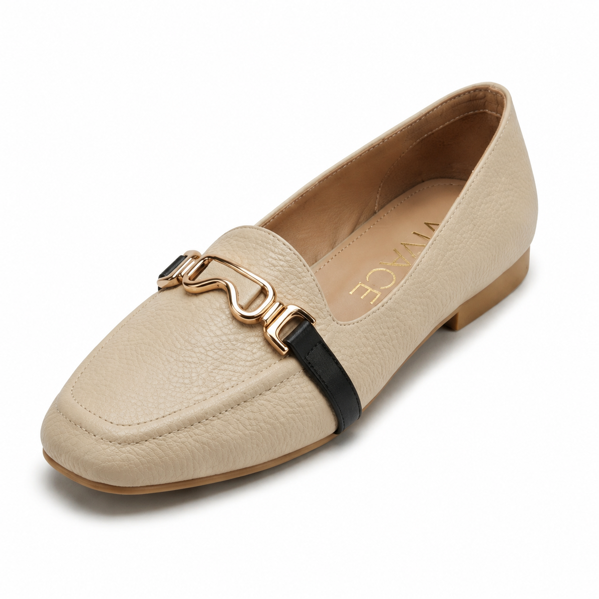 Ondine Hardware Loafer in Beige, three-quarter front view
