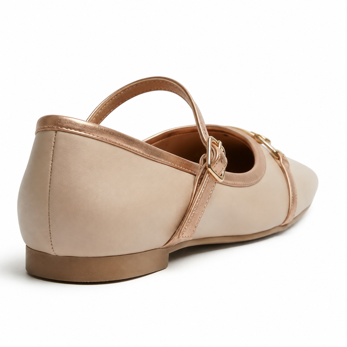Thaïs Metallic-Trim Mary Jane Flat in Beige/Rose Gold, side profile view