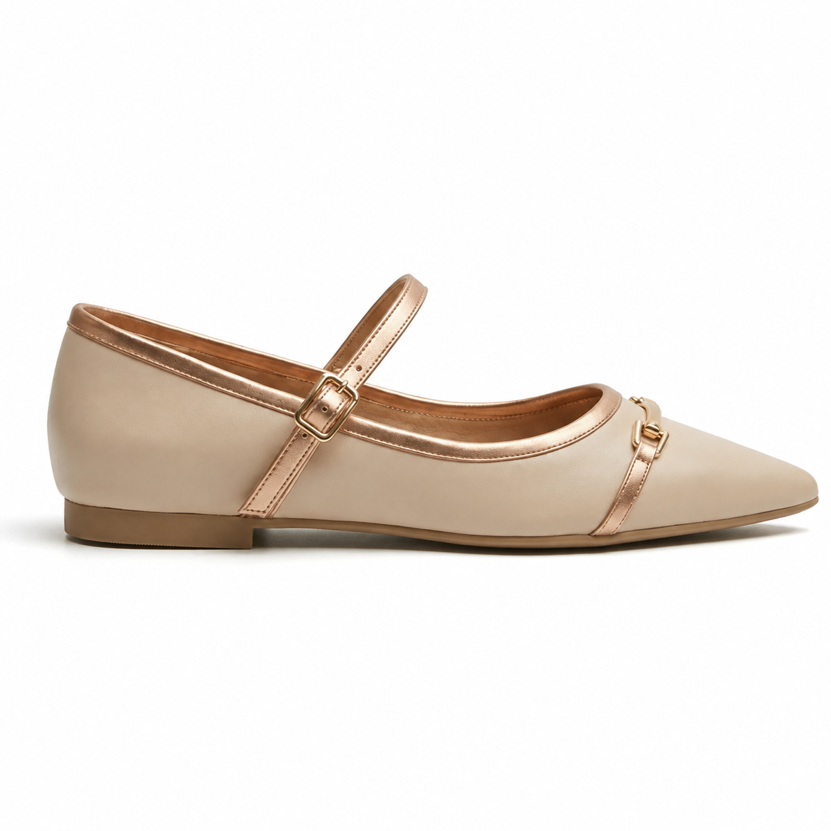 Thaïs Metallic-Trim Mary Jane Flat in Beige/Rose Gold, three-quarter back view
