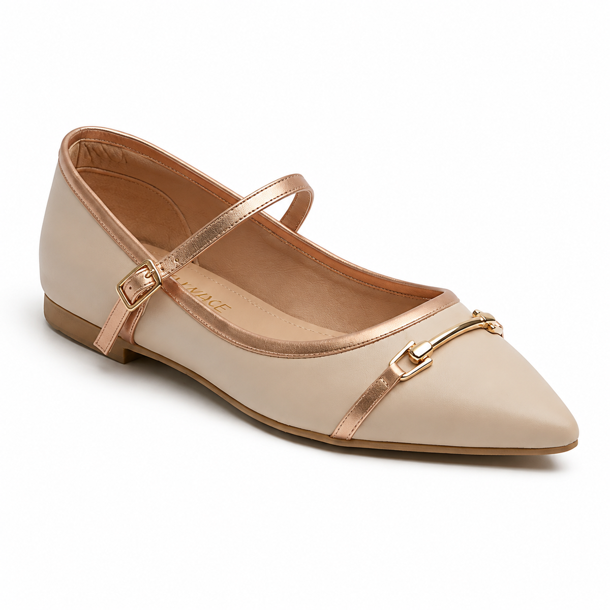 Thaïs Metallic-Trim Mary Jane Flat in Beige/Rose Gold, top view