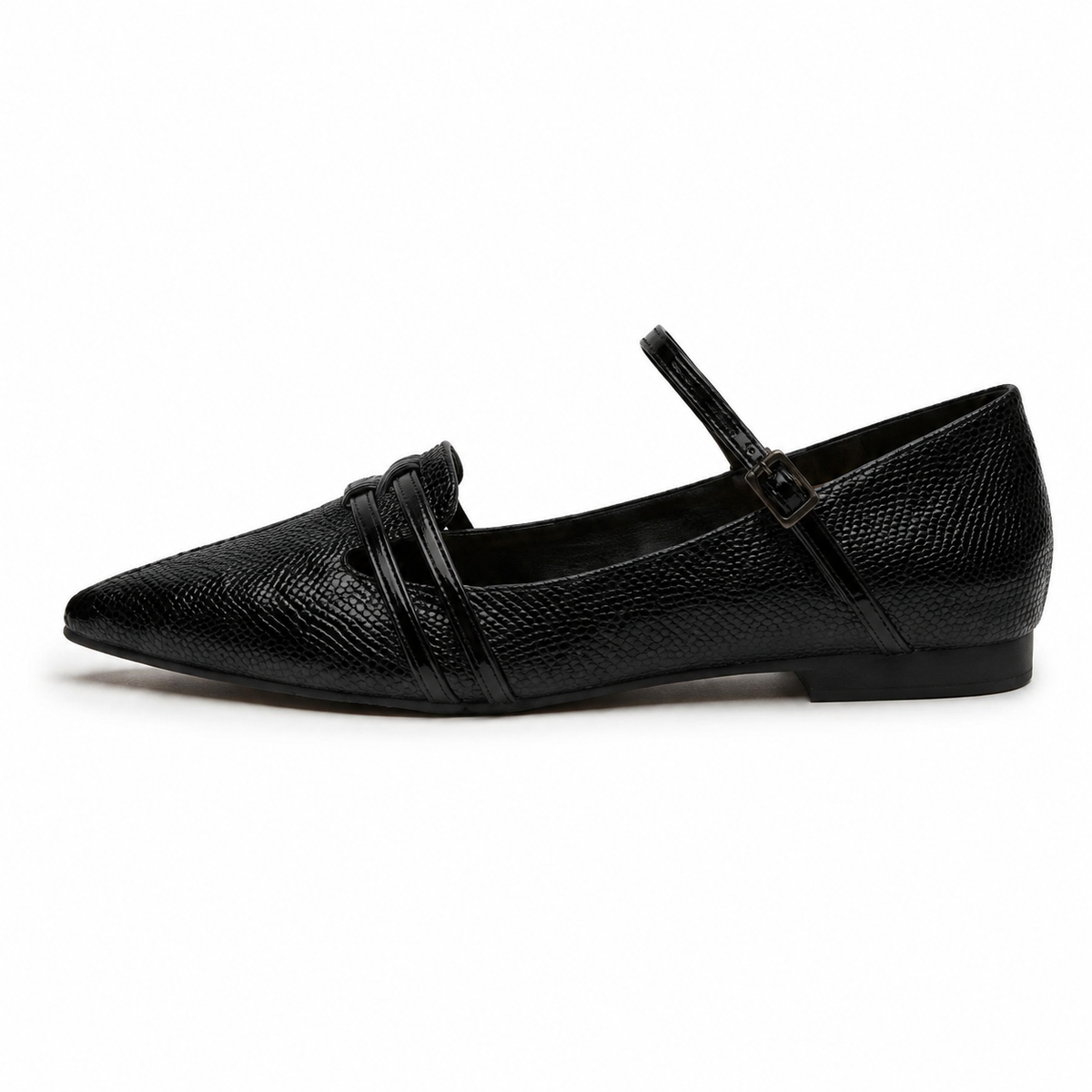 Séraphine Textured Strap Flat in Black, side profile view