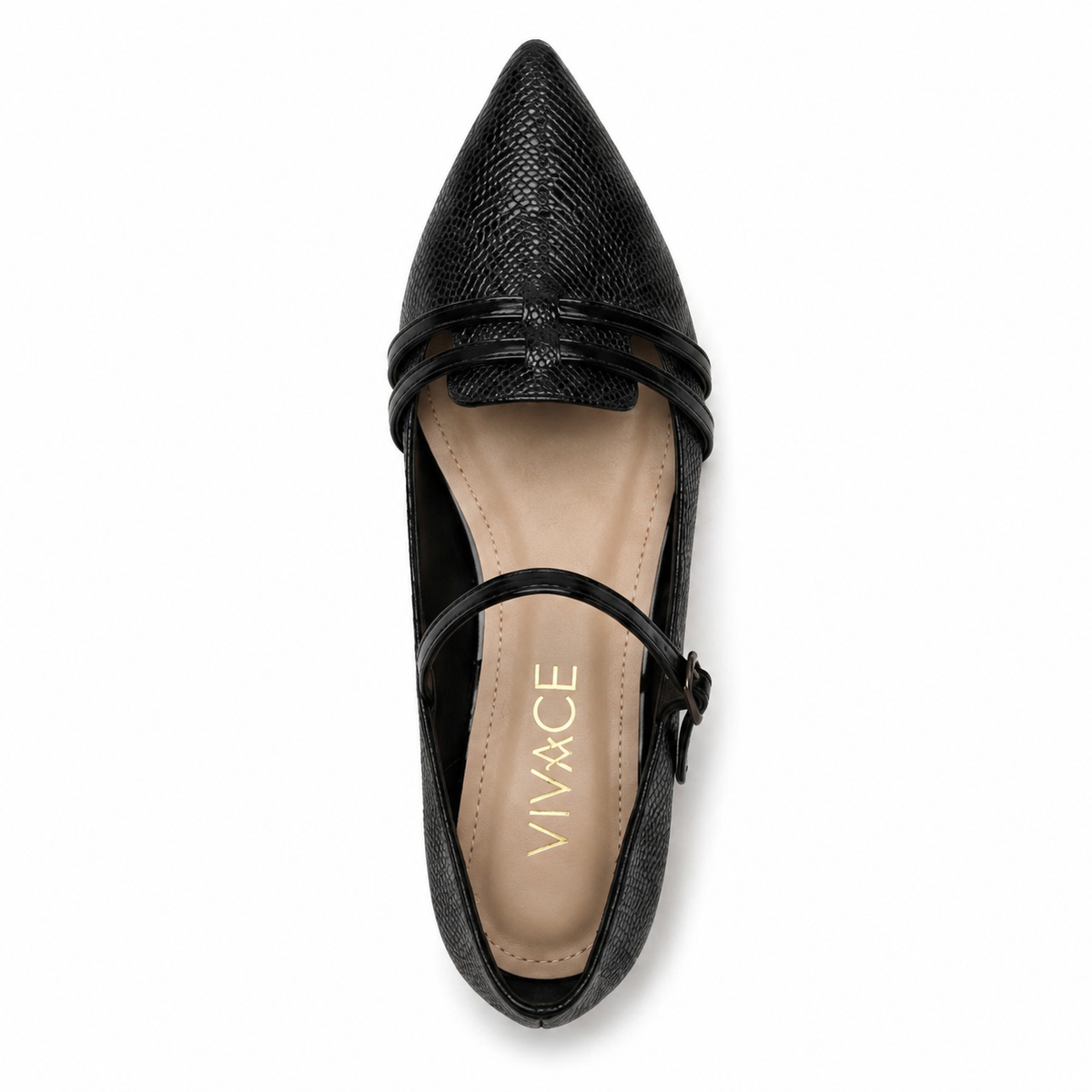 Séraphine Textured Strap Flat in Black, three-quarter back view