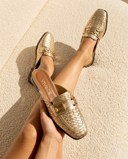 Aurelia Woven Loafer Mule in Gold by VIVACE – product image 2