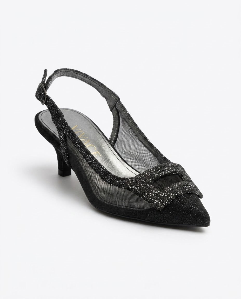 Vespera Glitter-Buckle Mesh Slingback