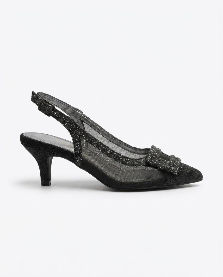 Vespera Glitter-Buckle Mesh Slingback