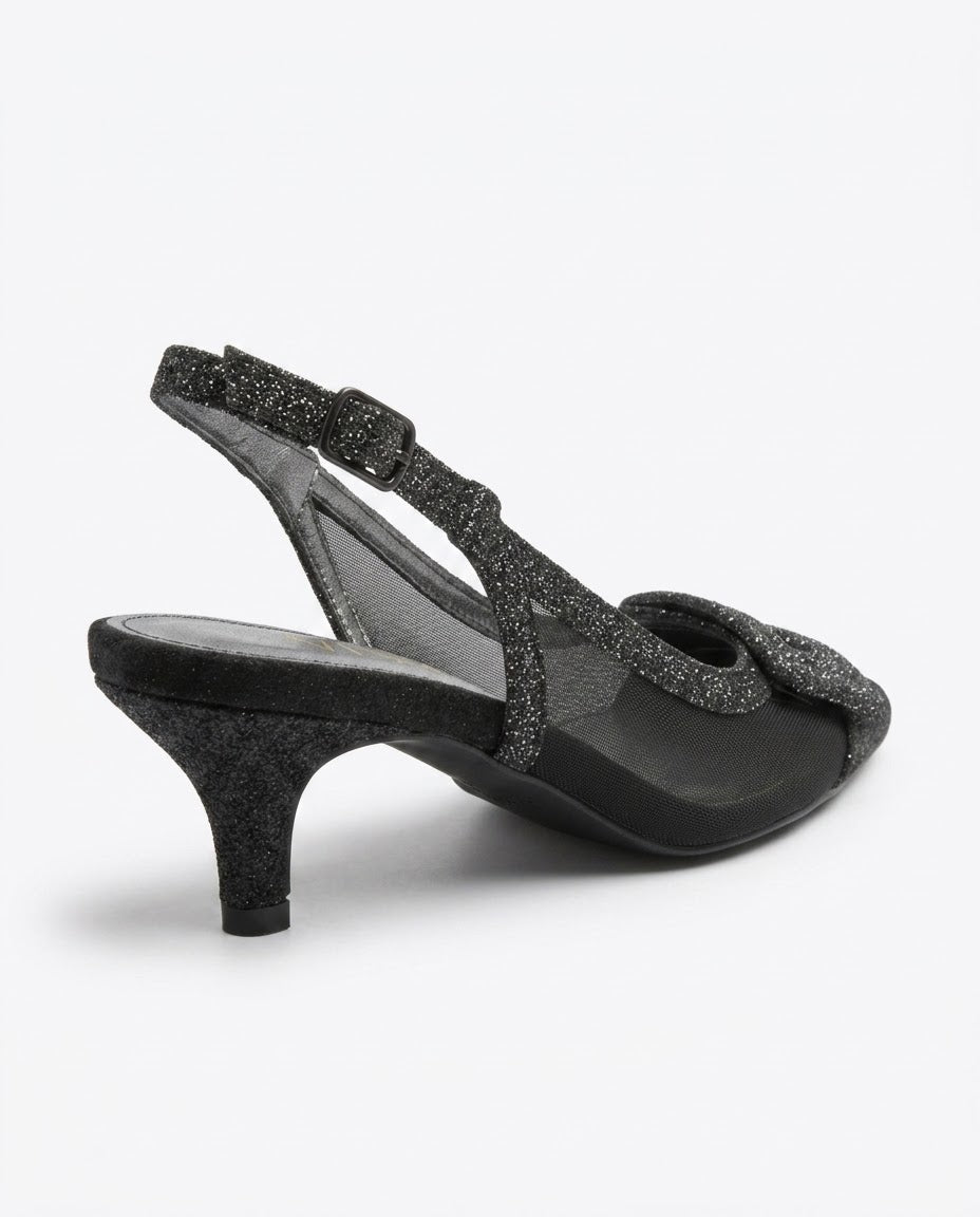 Vespera Glitter-Buckle Mesh Slingback