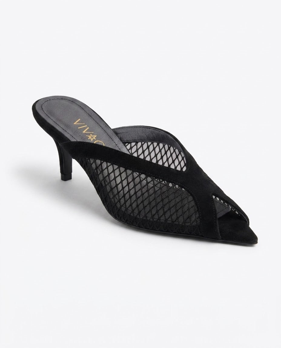 Aveline Mesh Kitten-Heel Mule in Black by VIVACE – product image 1