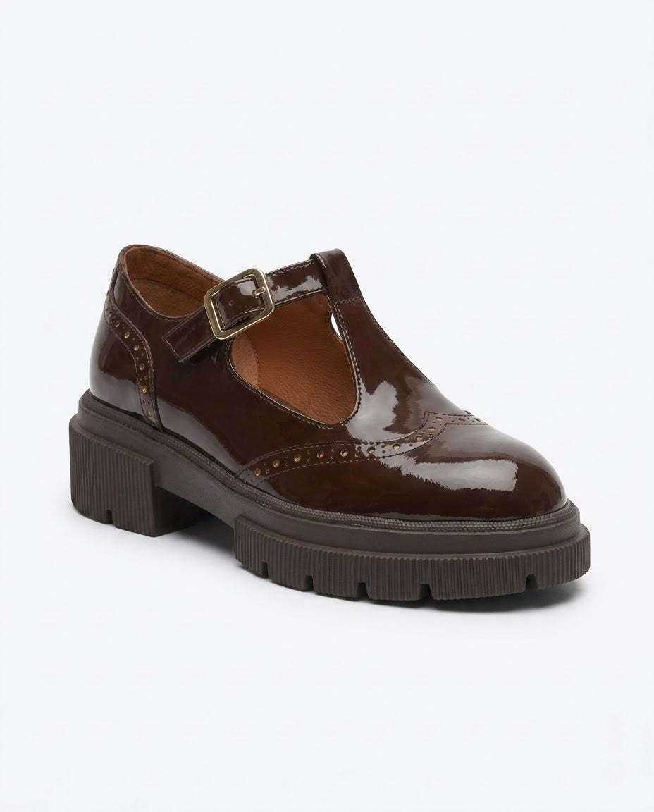 Delphine Patent T-Strap Loafer in Brown by VIVACE – product image 1