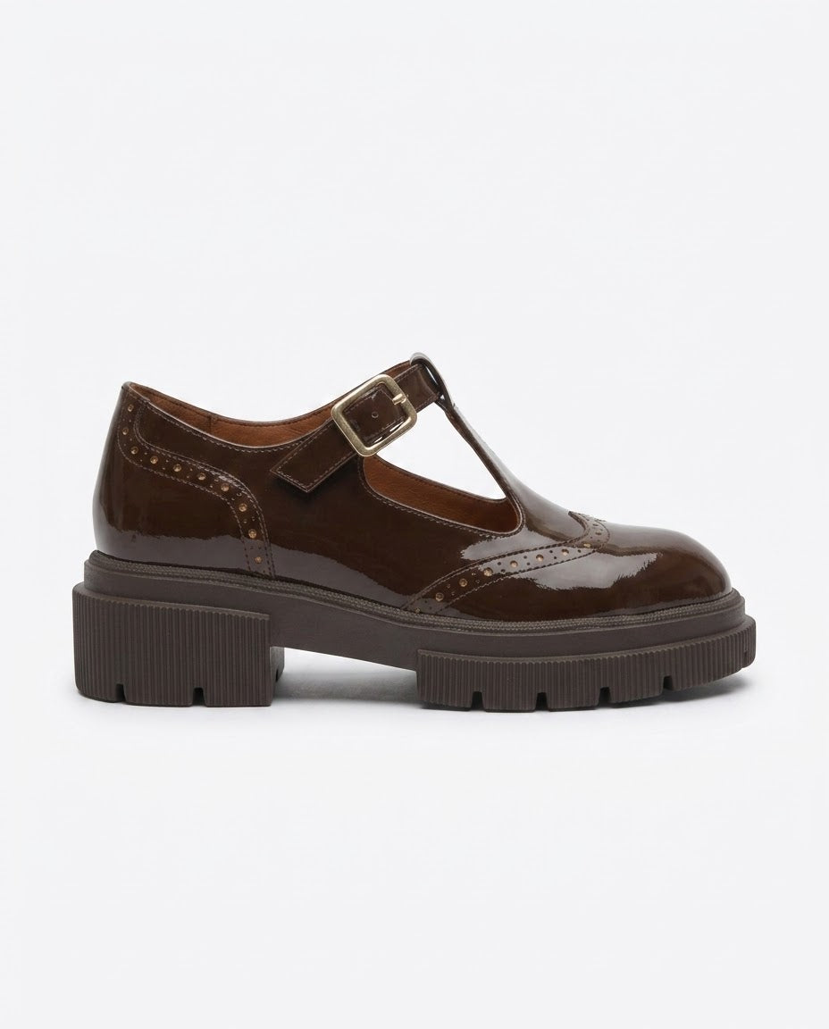 Delphine Patent T-Strap Loafer in Brown by VIVACE – product image 2