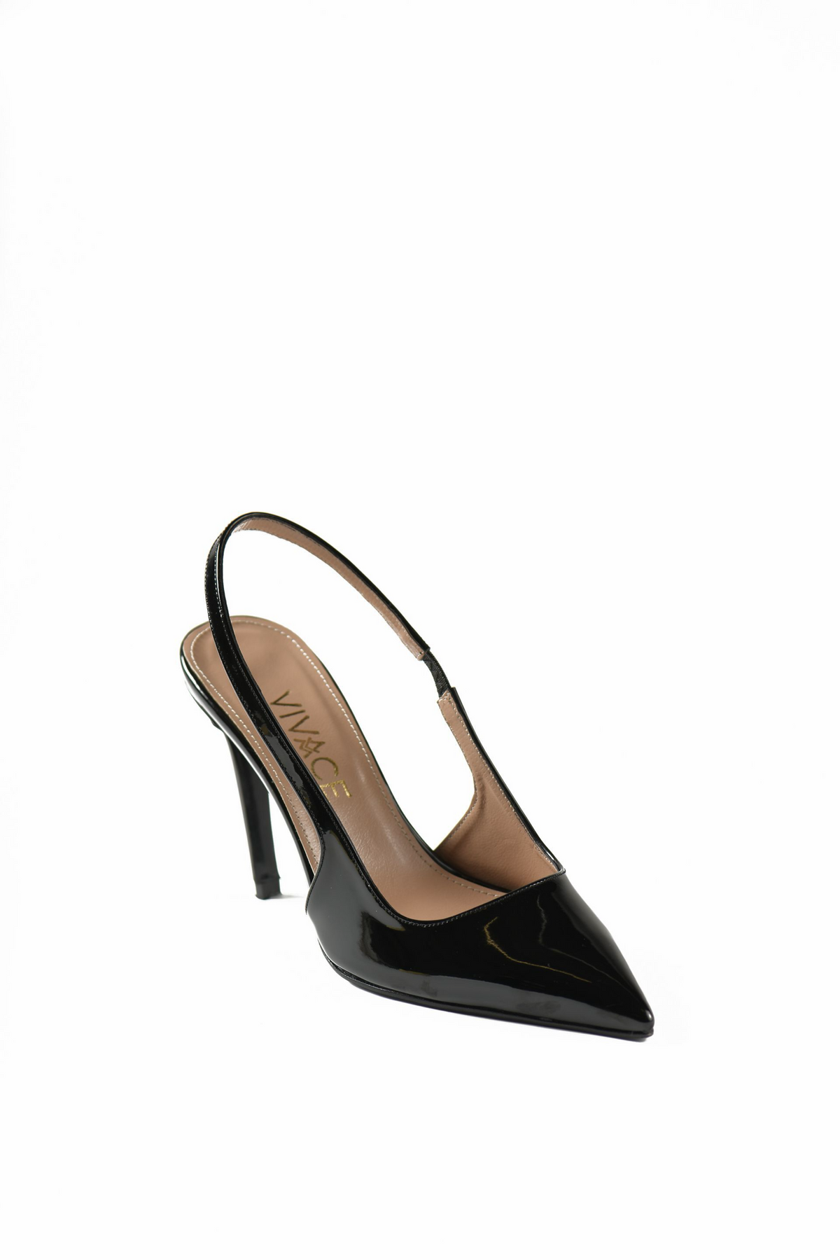 Giselle black patent pointed-toe slingback pump by VIVACE, front view