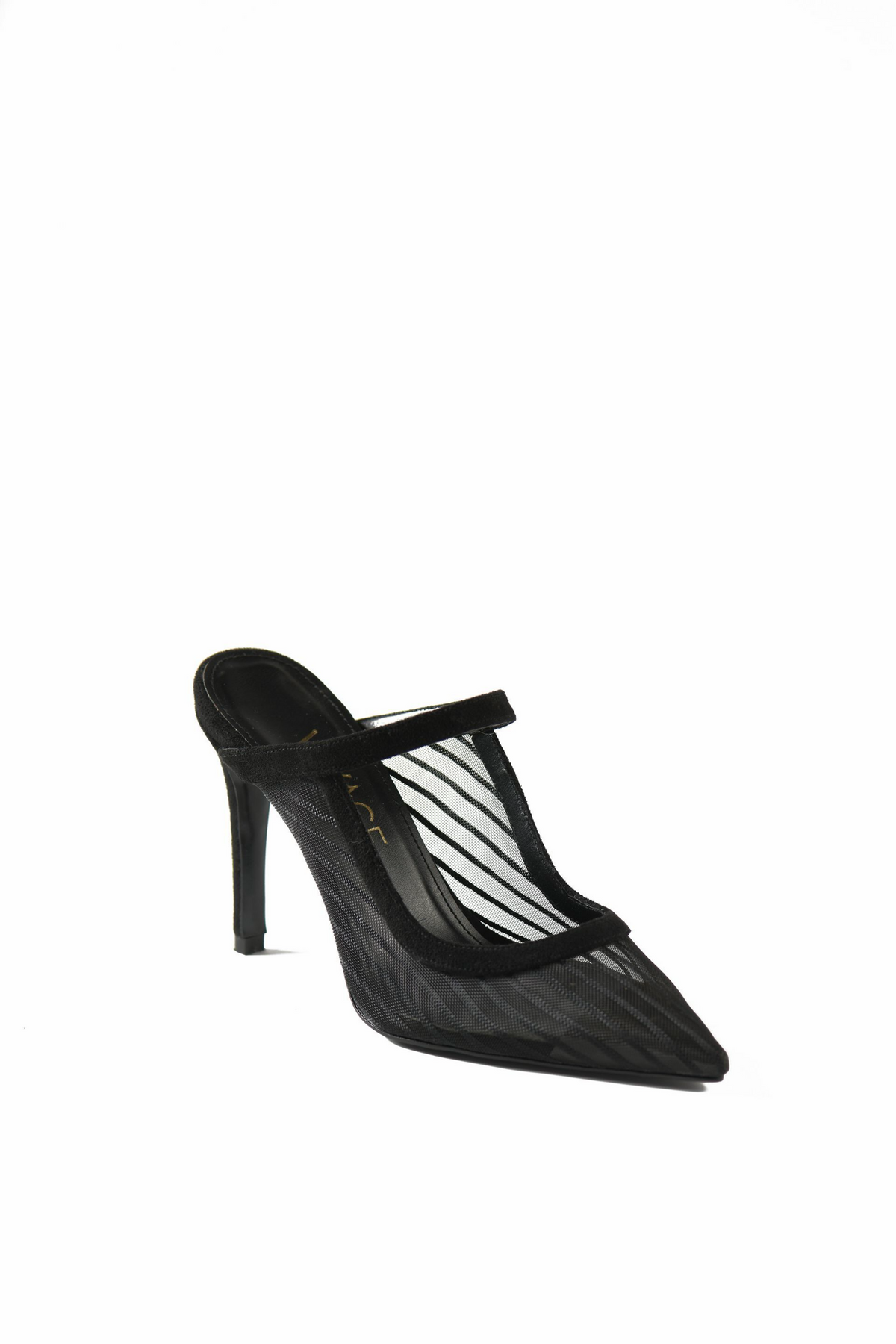Élodie black sheer-stripe mesh mule by VIVACE, three-quarter front view