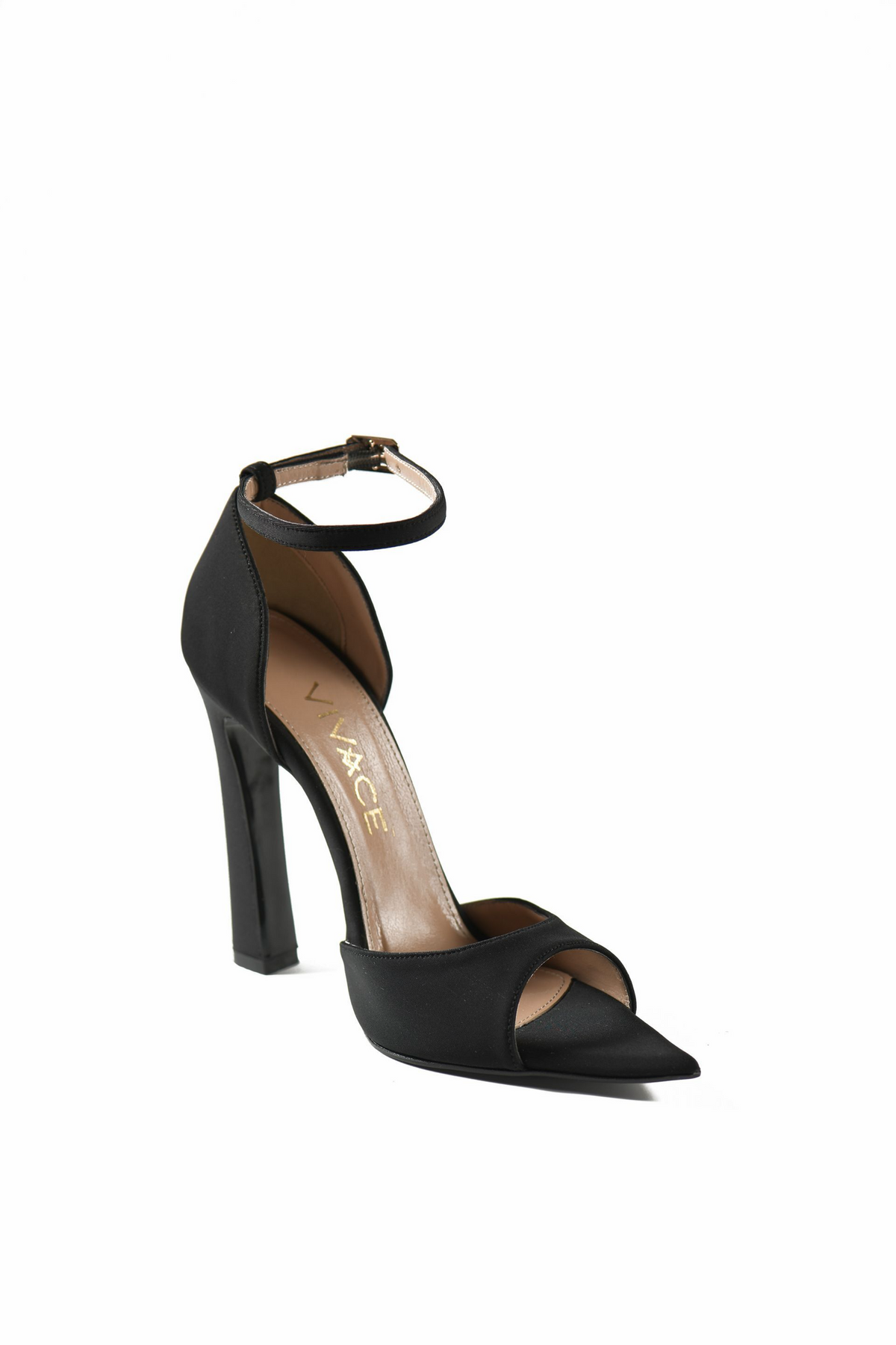 Roxane black peep-toe ankle-strap pump by VIVACE, front three-quarter view