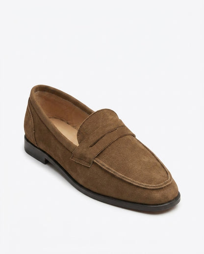 Noémie brown suede penny loafer by VIVACE, three-quarter front view