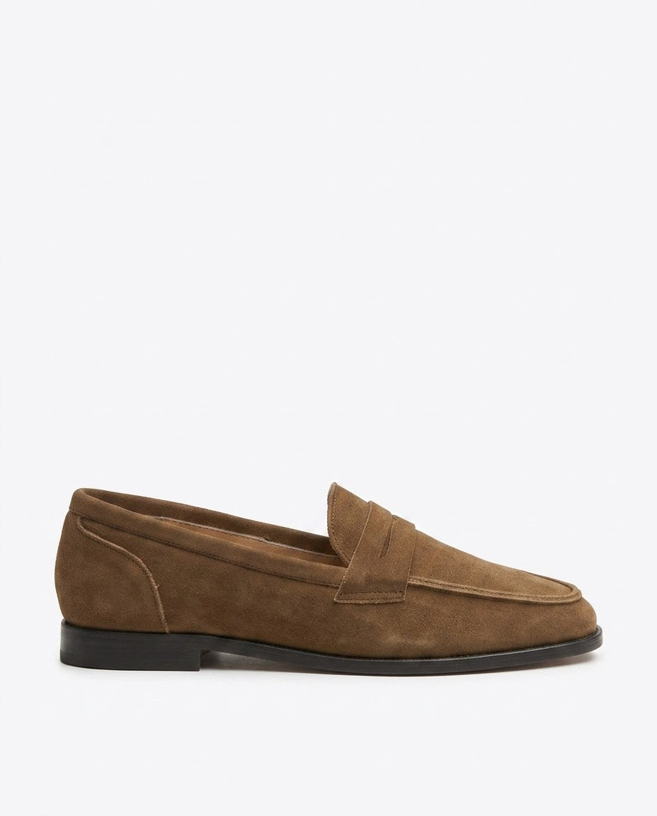 Noémie brown suede penny loafer by VIVACE, side profile view