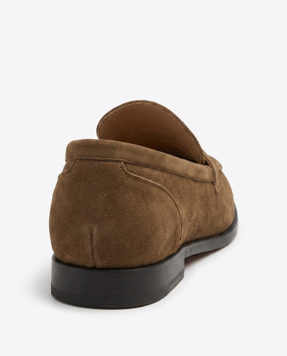 Noémie brown suede penny loafer by VIVACE, three-quarter back view