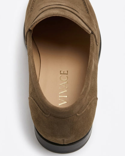 Noémie brown suede penny loafer by VIVACE, top view
