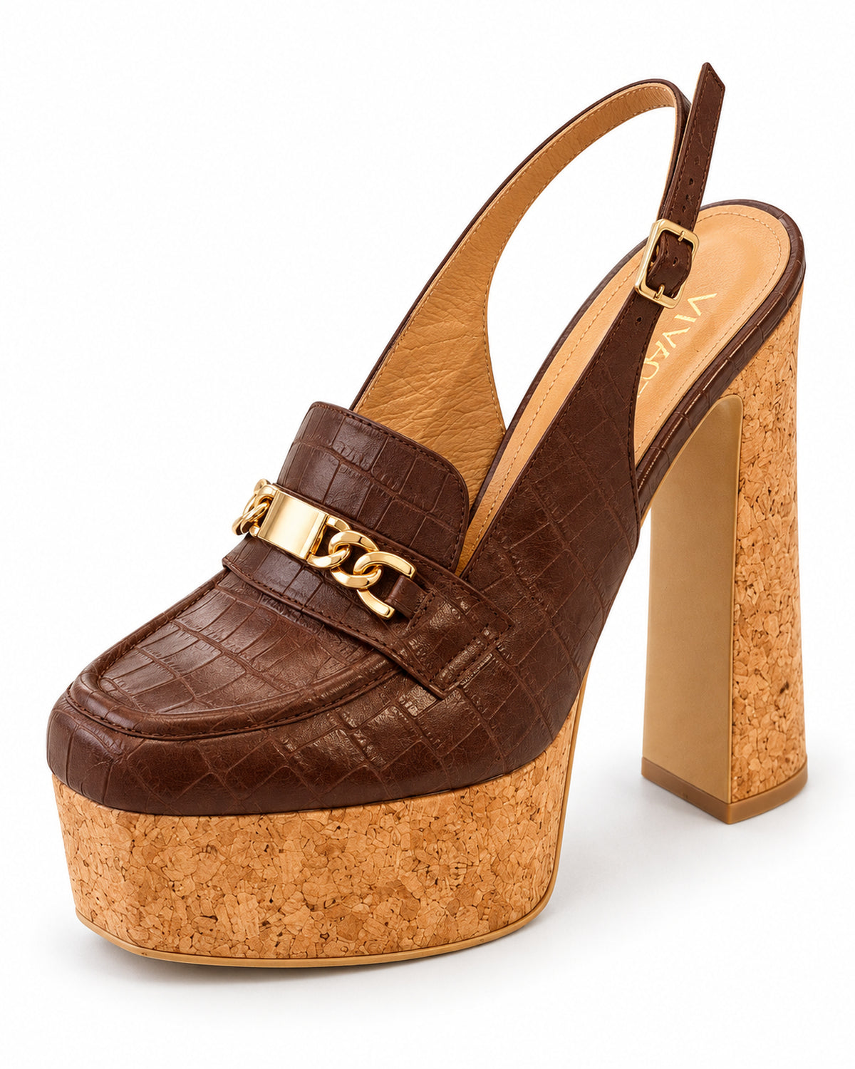Clémence chocolate brown croc-embossed cork platform slingback by VIVACE, three-quarter front view