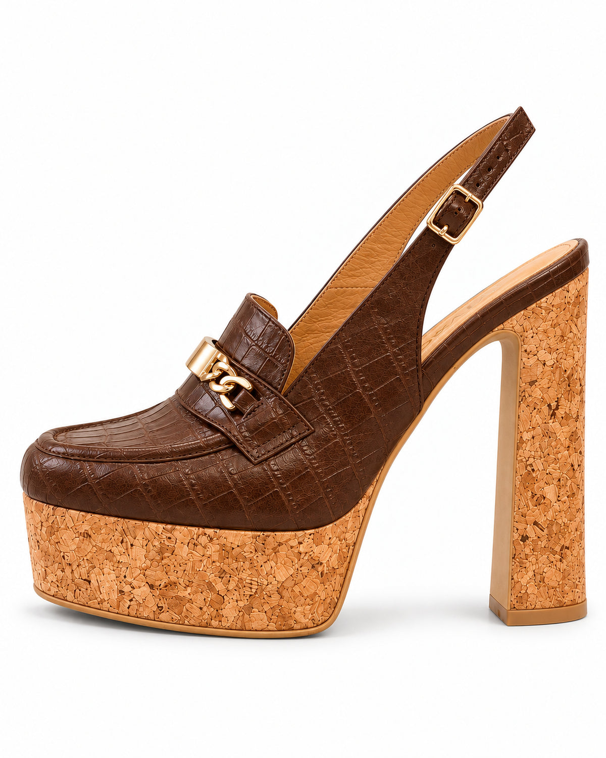 Clémence chocolate brown croc-embossed cork platform slingback by VIVACE, complete side profile