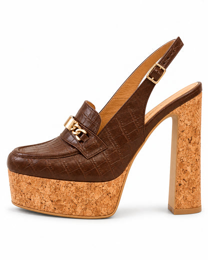 Clémence chocolate brown croc-embossed cork platform slingback by VIVACE, complete side profile