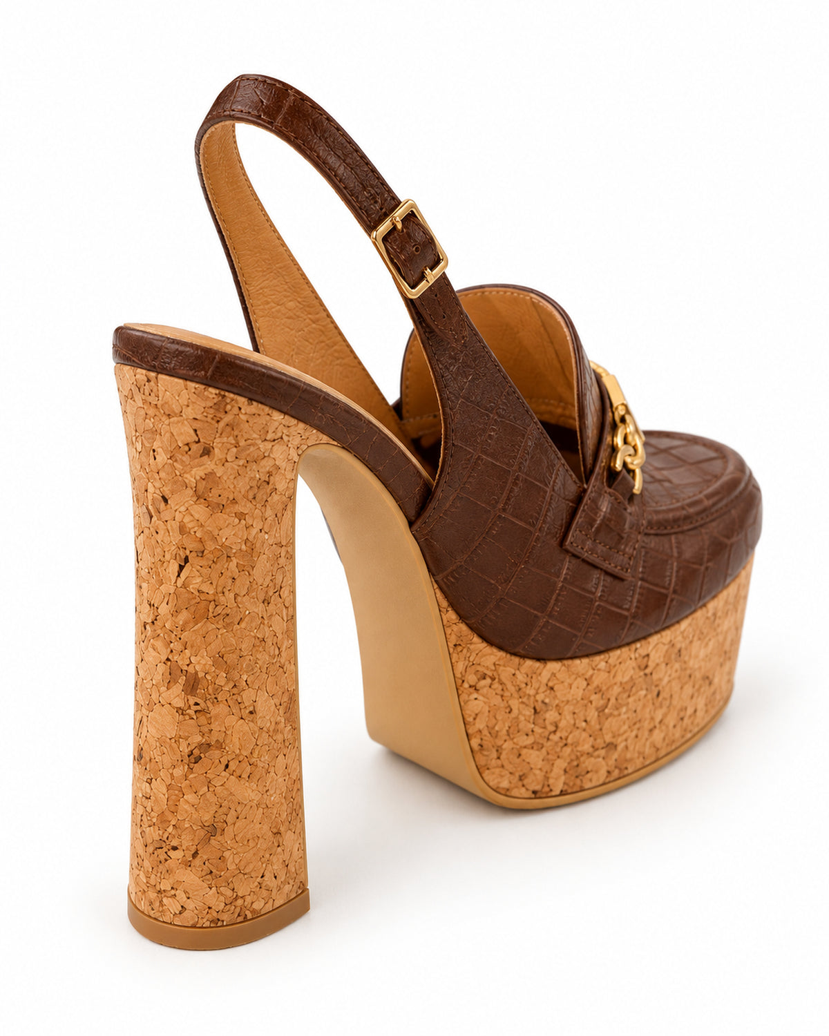 Clémence chocolate brown croc-embossed cork platform slingback by VIVACE, three-quarter back view showing the heel