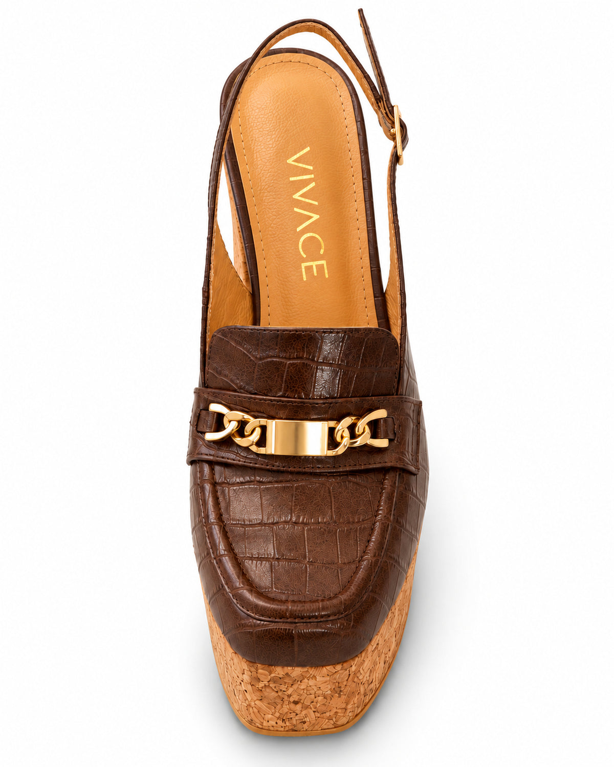 Clémence chocolate brown croc-embossed cork platform slingback by VIVACE, top view showing insole and toe shape