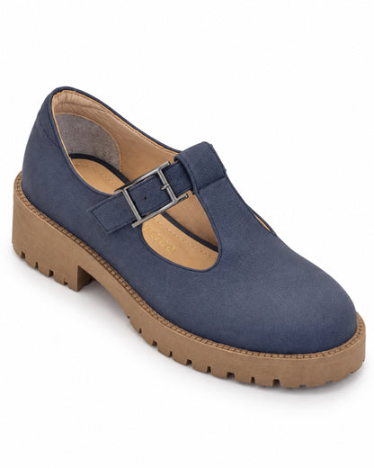 Three-quarter front view of the VIVACE Marielle navy T-bar shoe with textured vegan leather upper, dark buckle and tan lug sole.