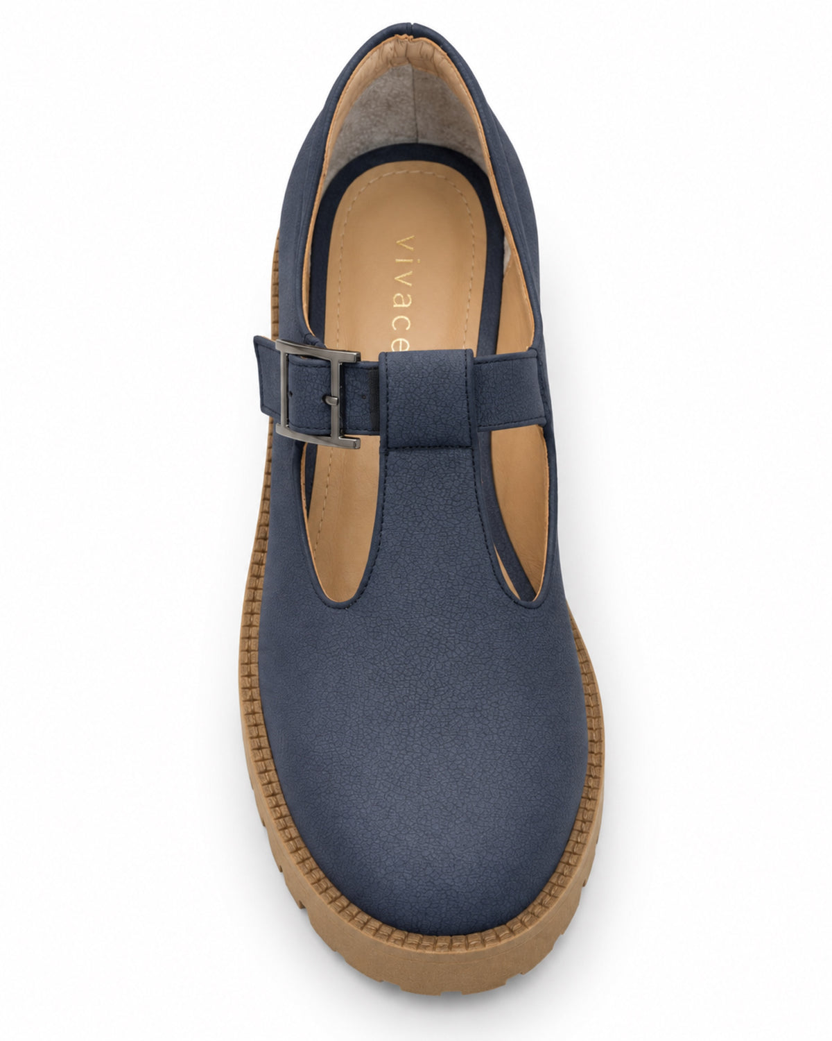 Top view of the VIVACE Marielle navy T-bar shoe, showing the rounded toe, buckle strap and genuine leather insole.