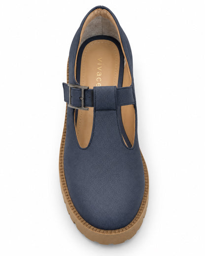 Top view of the VIVACE Marielle navy T-bar shoe, showing the rounded toe, buckle strap and genuine leather insole.