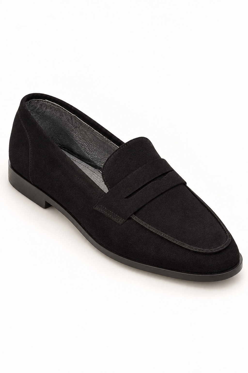 Noémie black suede penny loafer – three-quarter front view