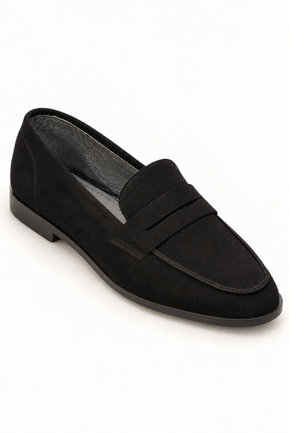 Noémie black suede penny loafer – three-quarter front view