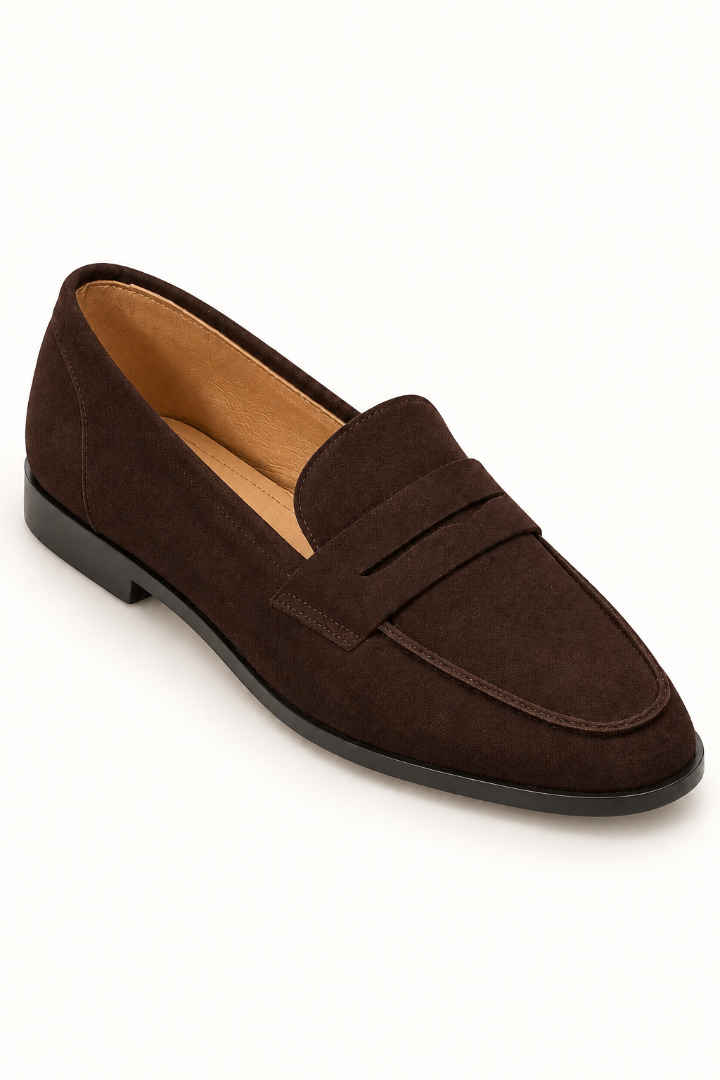 Noémie dark brown suede penny loafer – three-quarter front view