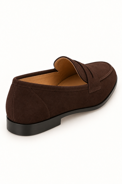 Noémie dark brown suede penny loafer – rear view
